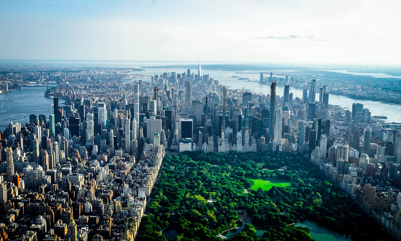 Aerial view of Manhattan’s skyscrapers surrounding Central Park in New York City.